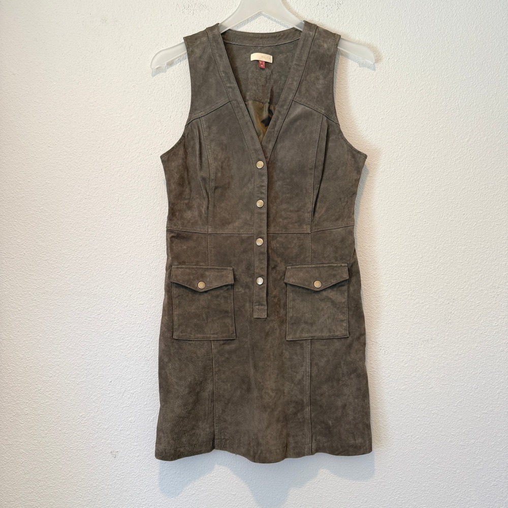 Pilcro and the Letterpress Brown Suede Leather Mini Dress Snap Front Size 8